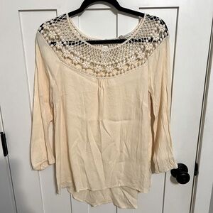 Daniel Rainn Women's Creme Crochet Lace Long Sleeve Boho Blouse Top Size Large